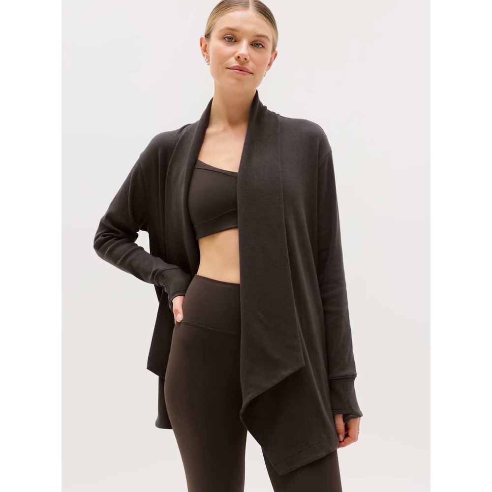 Athleta Pranayama Wrap Cardigan Gray Open Front Tencel Modal Ribbed Trim Medium